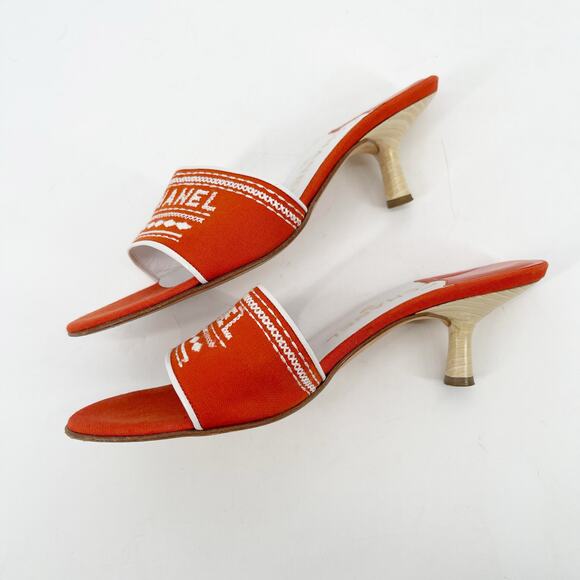 Chanel Vintage Orange Canvas Embroidered Kitten Heel Mule Slide Sandal EU 39 - Picture 4 of 13